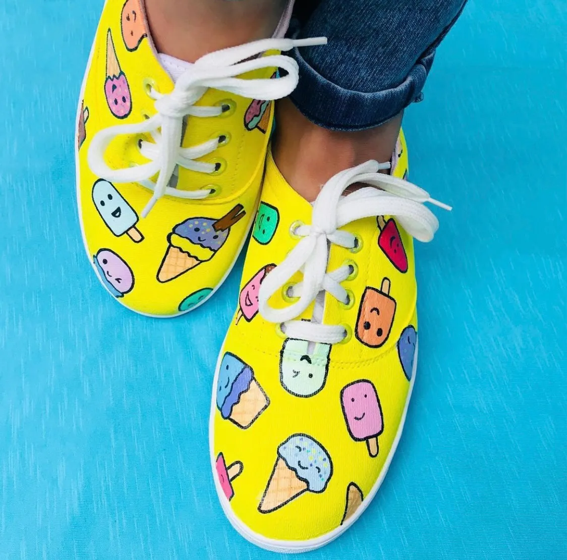 Funky N Trendy hand painted water resistant Ice cream theme yellow shoes