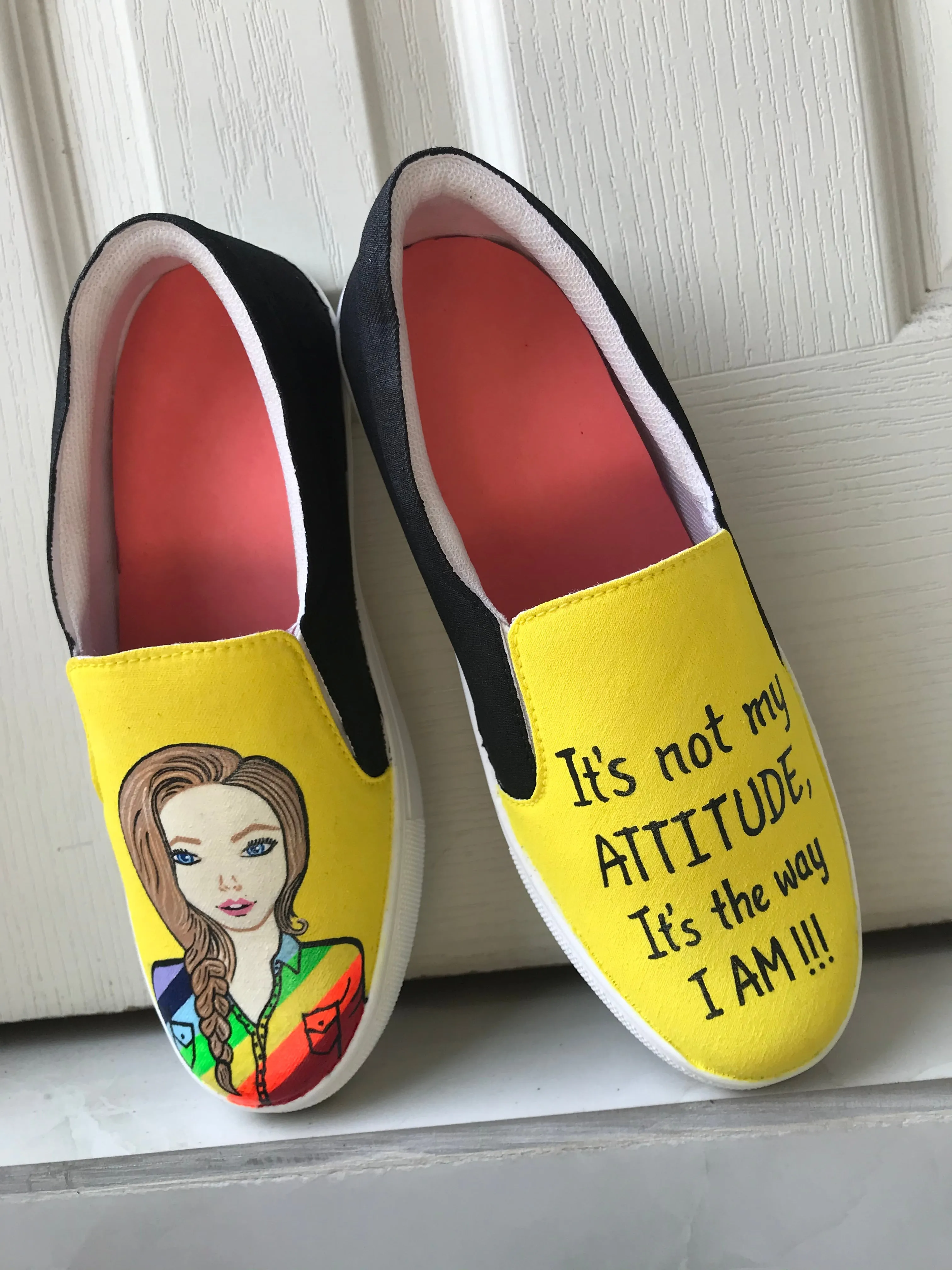 Funky N Trendy hand painted water resistant Quirky quote yellow slip on shoes/ handpainted shoes/ women shoes / funky shoes/ white handpainted shoes