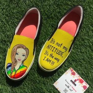 Funky N Trendy hand painted water resistant Quirky quote yellow slip on shoes/ handpainted shoes/ women shoes / funky shoes/ white handpainted shoes