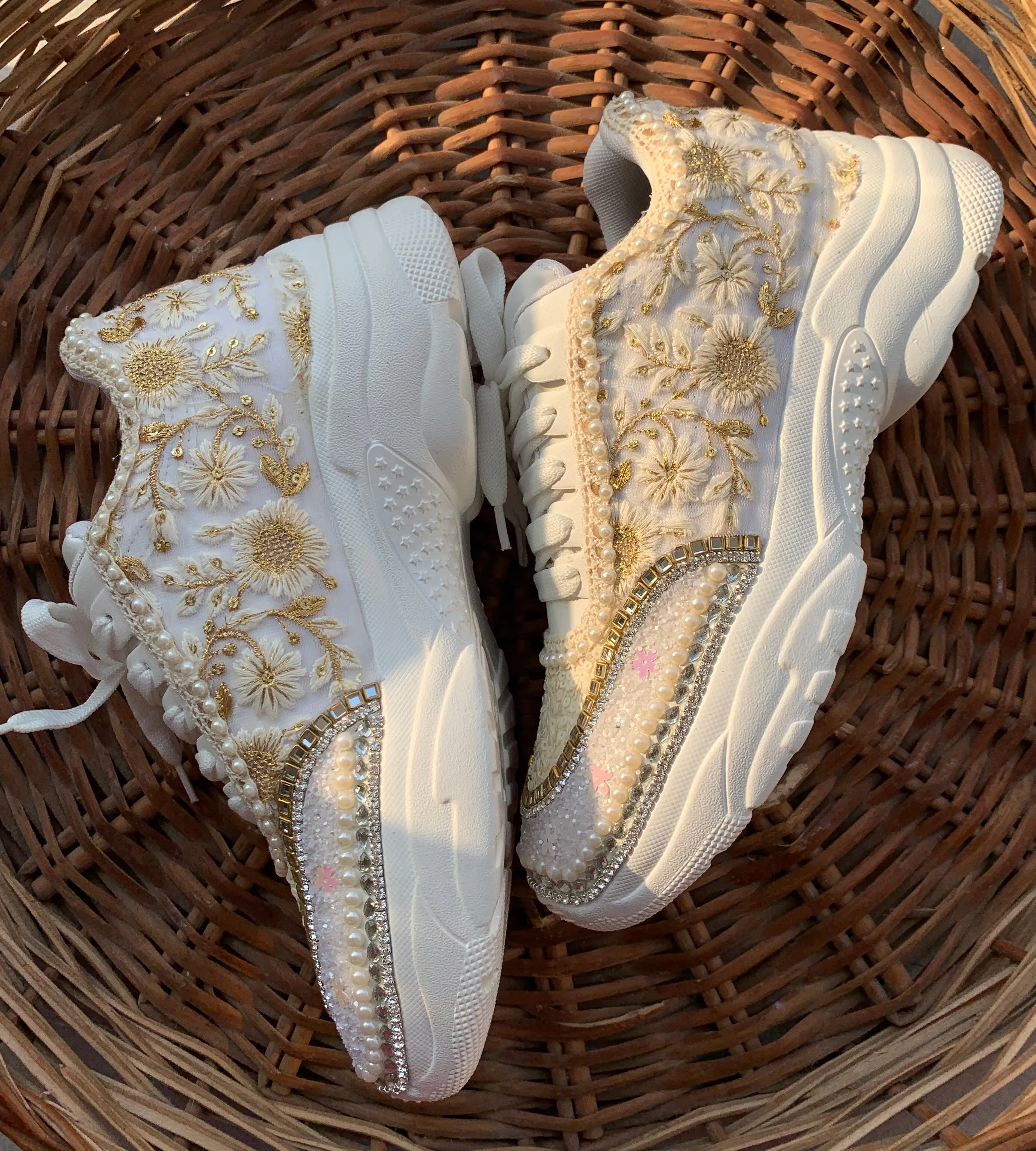 Funky N Trendy ivory / off white embroidery work bridal sneakers/ bridesmaid sneaker / hancrafted sneakers / gold sneakers / golden sneakers