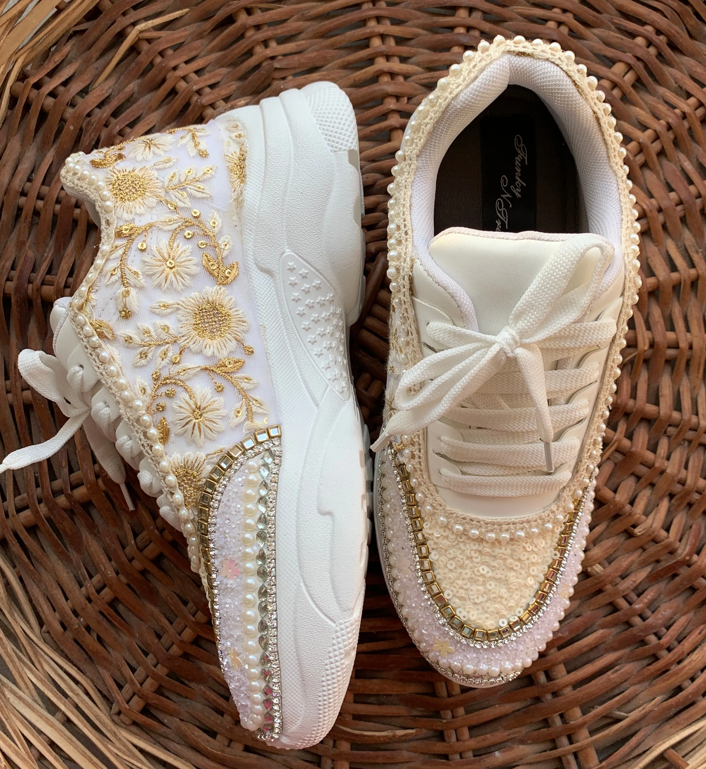 Funky N Trendy ivory / off white embroidery work bridal sneakers/ bridesmaid sneaker / hancrafted sneakers / gold sneakers / golden sneakers