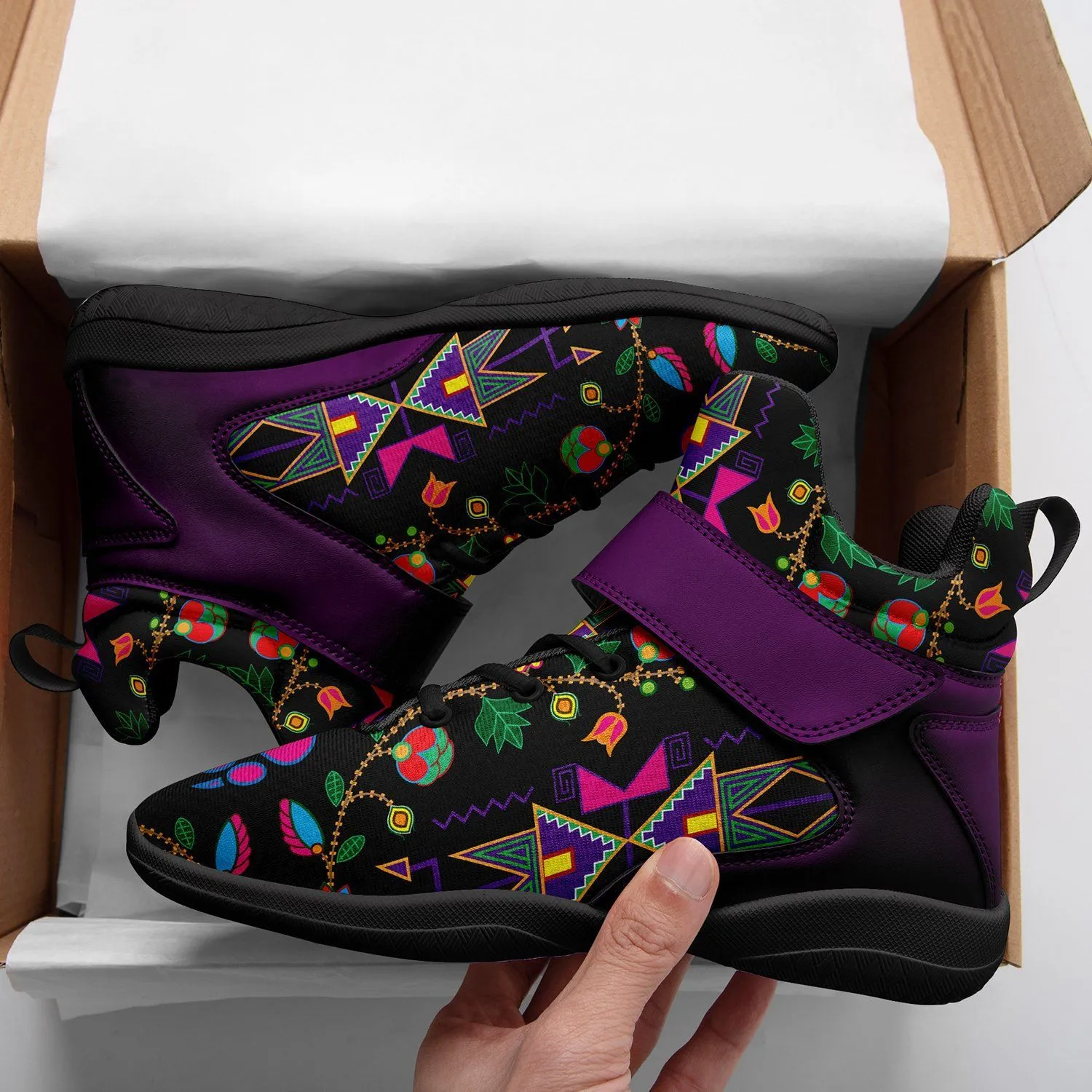 Geometric Floral Fall Black Kid's Ipottaa Basketball / Sport High Top Shoes