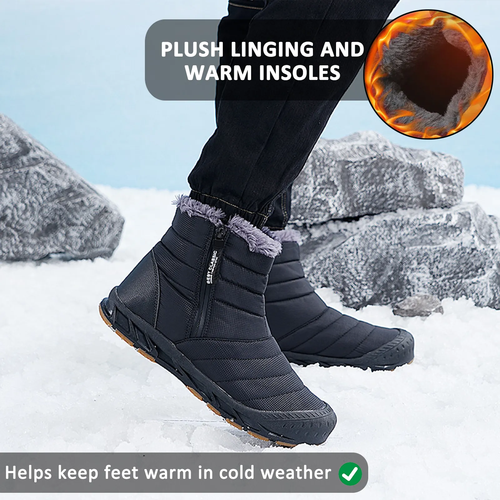 High Top Side Zip Snow Boots Outdoor Sports Leisure Walking Hiking Non-slip & Waterproof Winter Barefoot Shoe (Unisex)