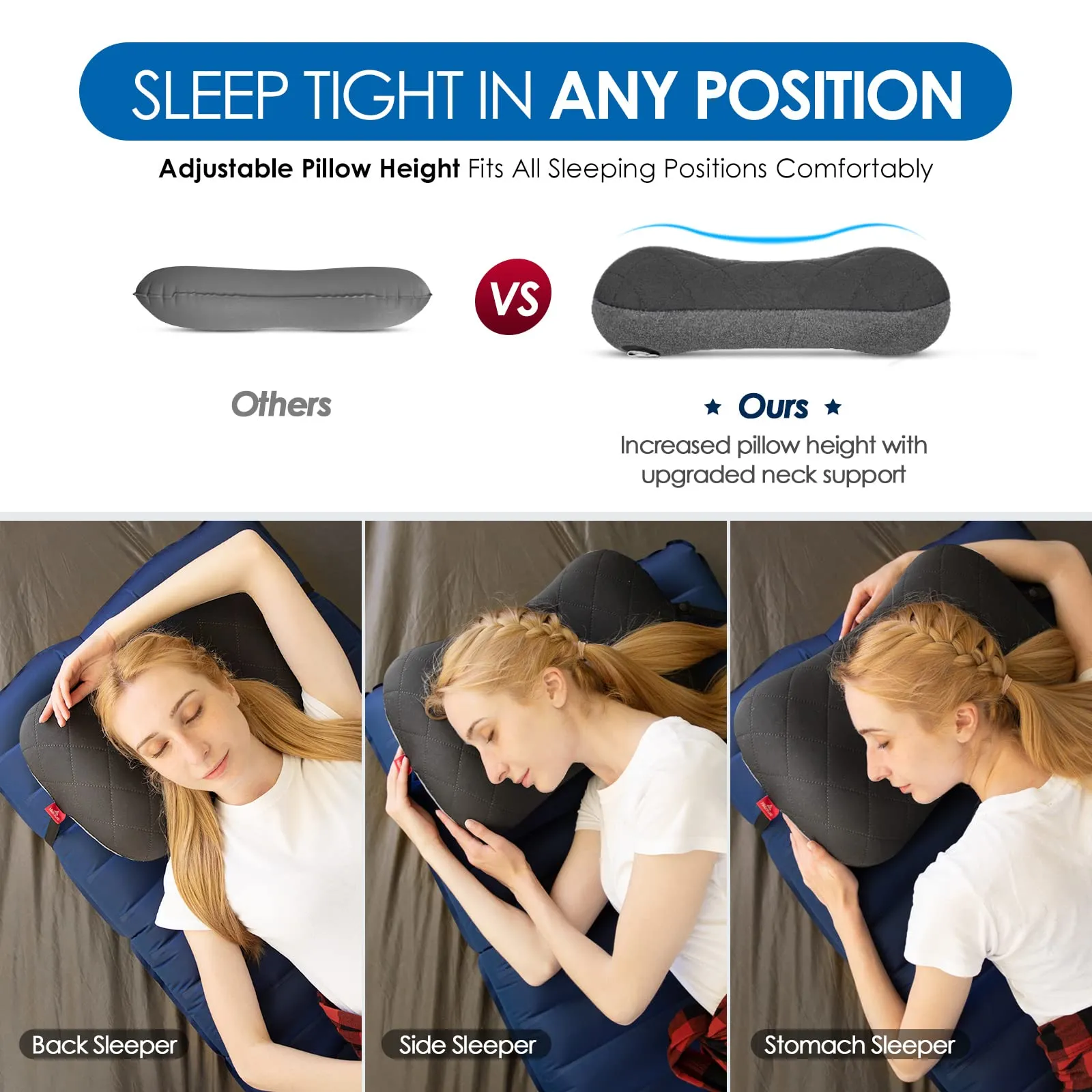 Hikenture Ultralight Inflatable Pillow with Removable Cover for Neck Lumber Support - Upgrade Washable Travel Air Pillows for Camping, Hiking, Backpacking (Grey)