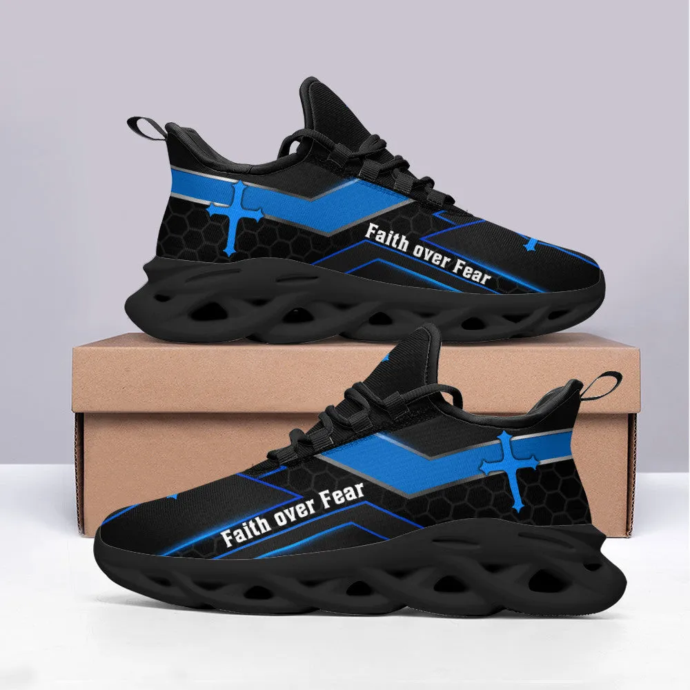 Jesus Faith Over Fear Running Sneakers Black Blue Max Soul Shoes - Christian Shoes For Men And Women