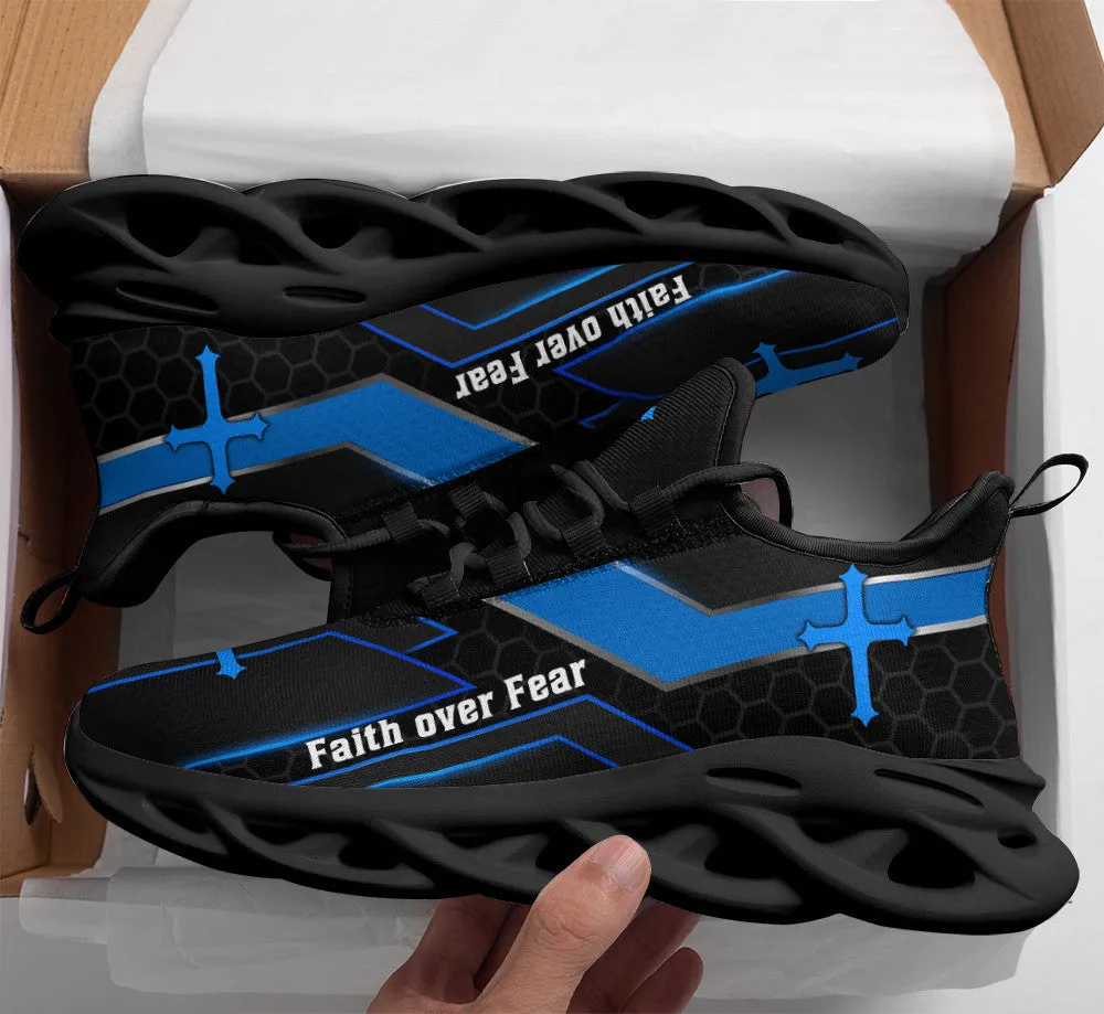 Jesus Faith Over Fear Running Sneakers Black Blue Max Soul Shoes - Christian Shoes For Men And Women