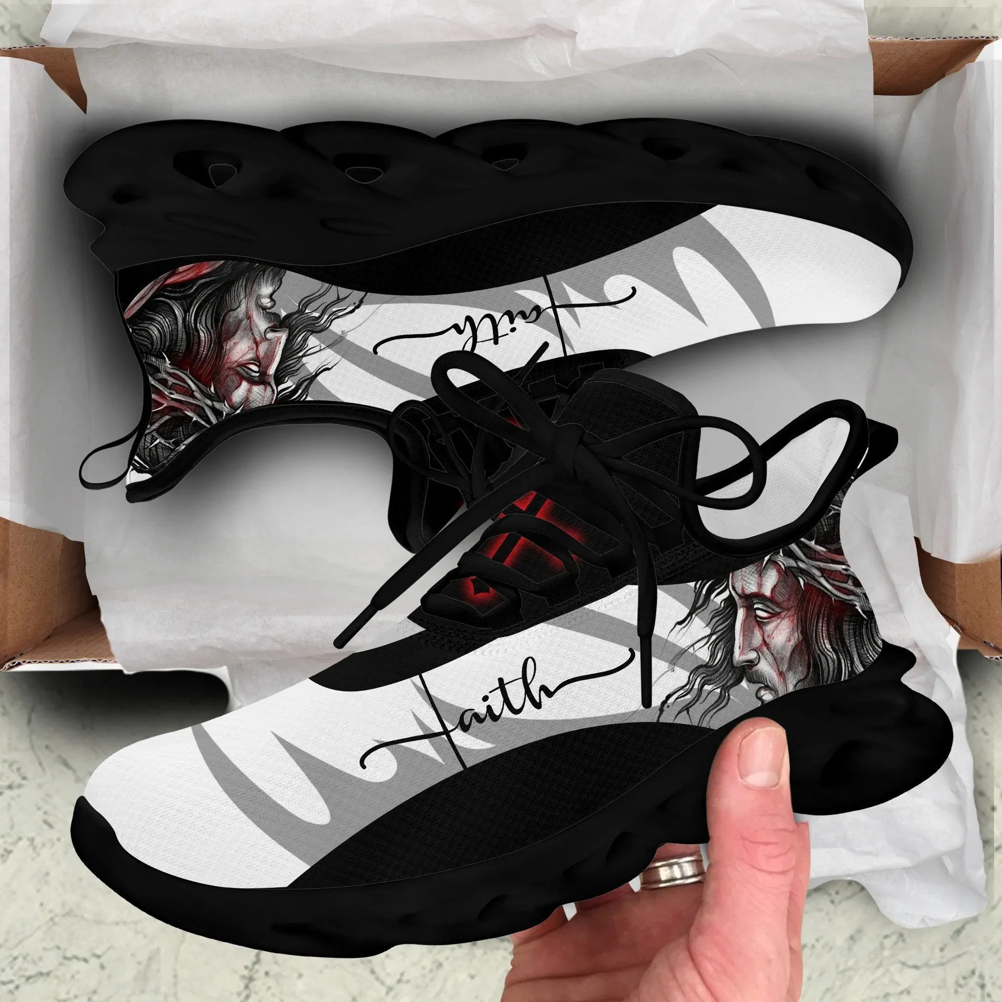 Jesus Faith Running Sneakers Black White Max Soul Shoes - Christian Shoes For Men And Women