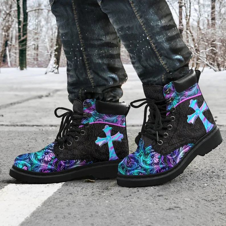 Jesus Pattern Flowers Cross Leather Boots - Christian Shoes For Men And Women