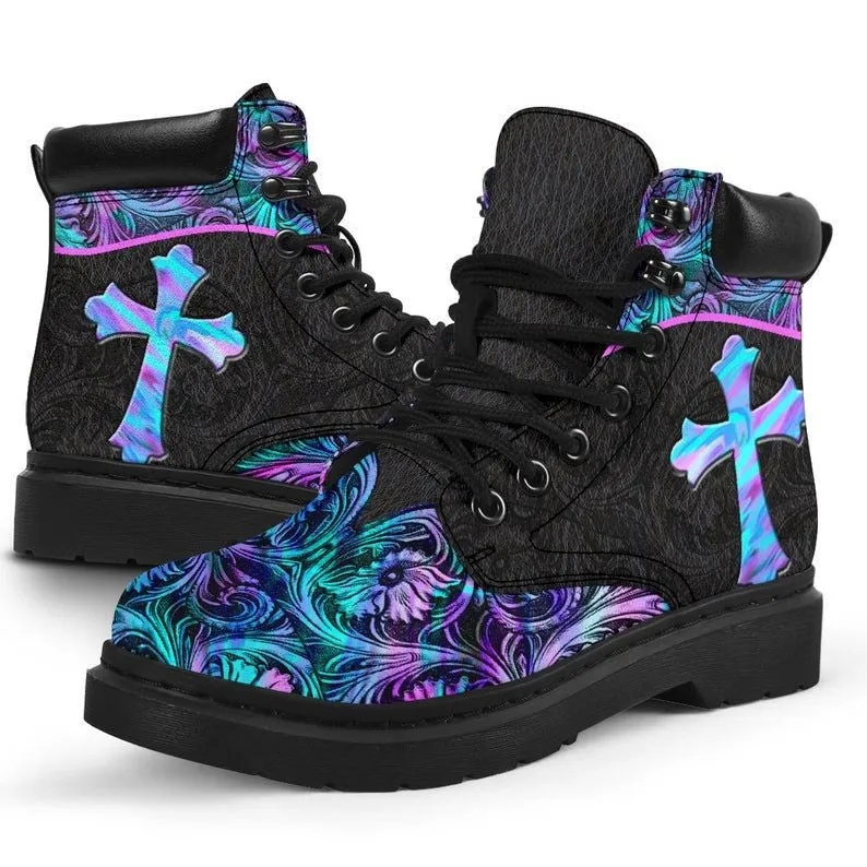 Jesus Pattern Flowers Cross Leather Boots - Christian Shoes For Men And Women