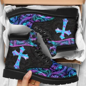 Jesus Pattern Flowers Cross Leather Boots - Christian Shoes For Men And Women