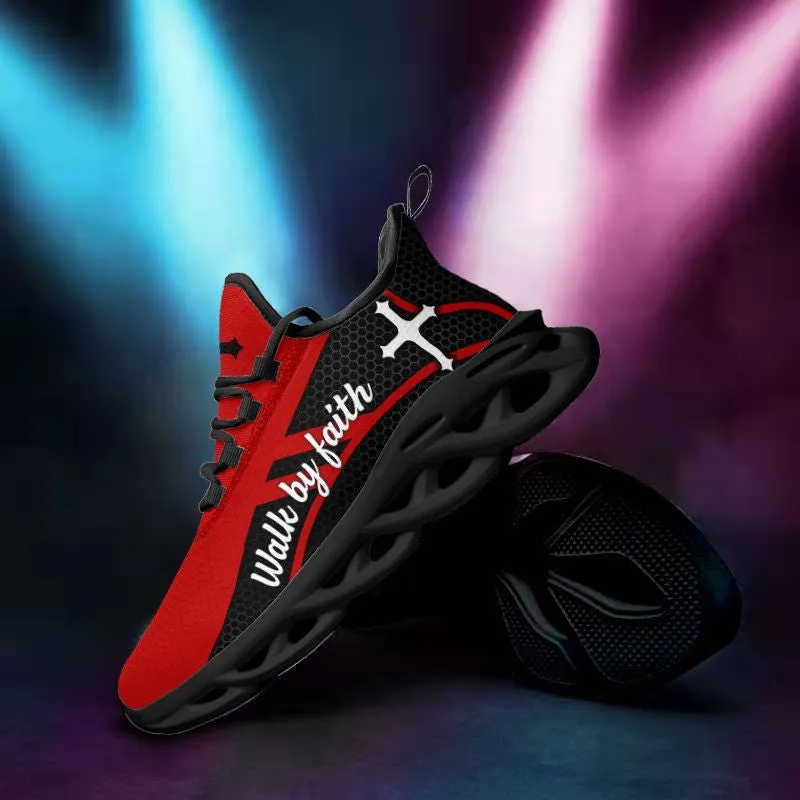 Jesus Walk By Faith Running Sneakers Red Black 2 Max Soul Shoes - Christian Shoes For Men And Women