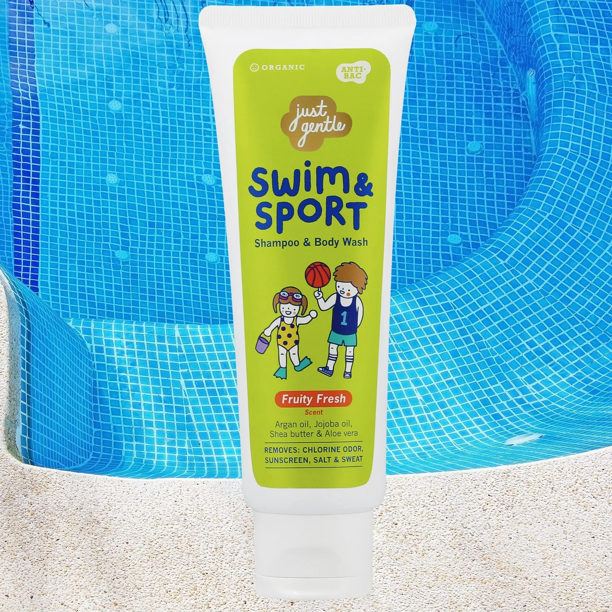 Just Gentle Swim & Sport Shampoo and Body Wash - Fruity Fresh, Washes Away Chlorine, Salt, Sweat & Odor, Enriched with Argan Oil, Jojoba Oil, Shea Butter & Aloe Vera, 180ml