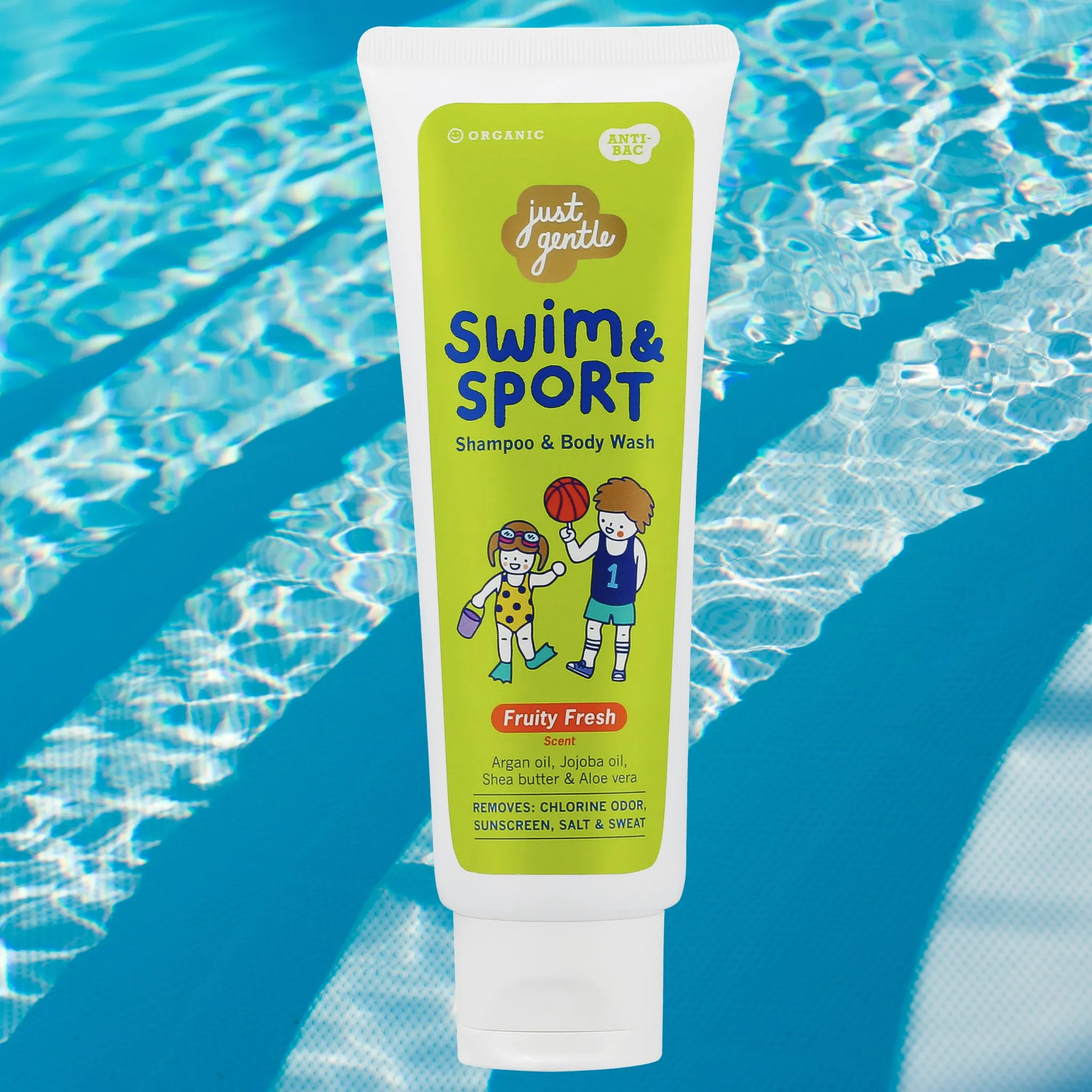 Just Gentle Swim & Sport Shampoo and Body Wash - Fruity Fresh, Washes Away Chlorine, Salt, Sweat & Odor, Enriched with Argan Oil, Jojoba Oil, Shea Butter & Aloe Vera, 180ml