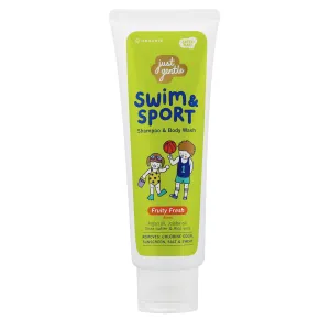 Just Gentle Swim & Sport Shampoo and Body Wash - Fruity Fresh, Washes Away Chlorine, Salt, Sweat & Odor, Enriched with Argan Oil, Jojoba Oil, Shea Butter & Aloe Vera, 180ml