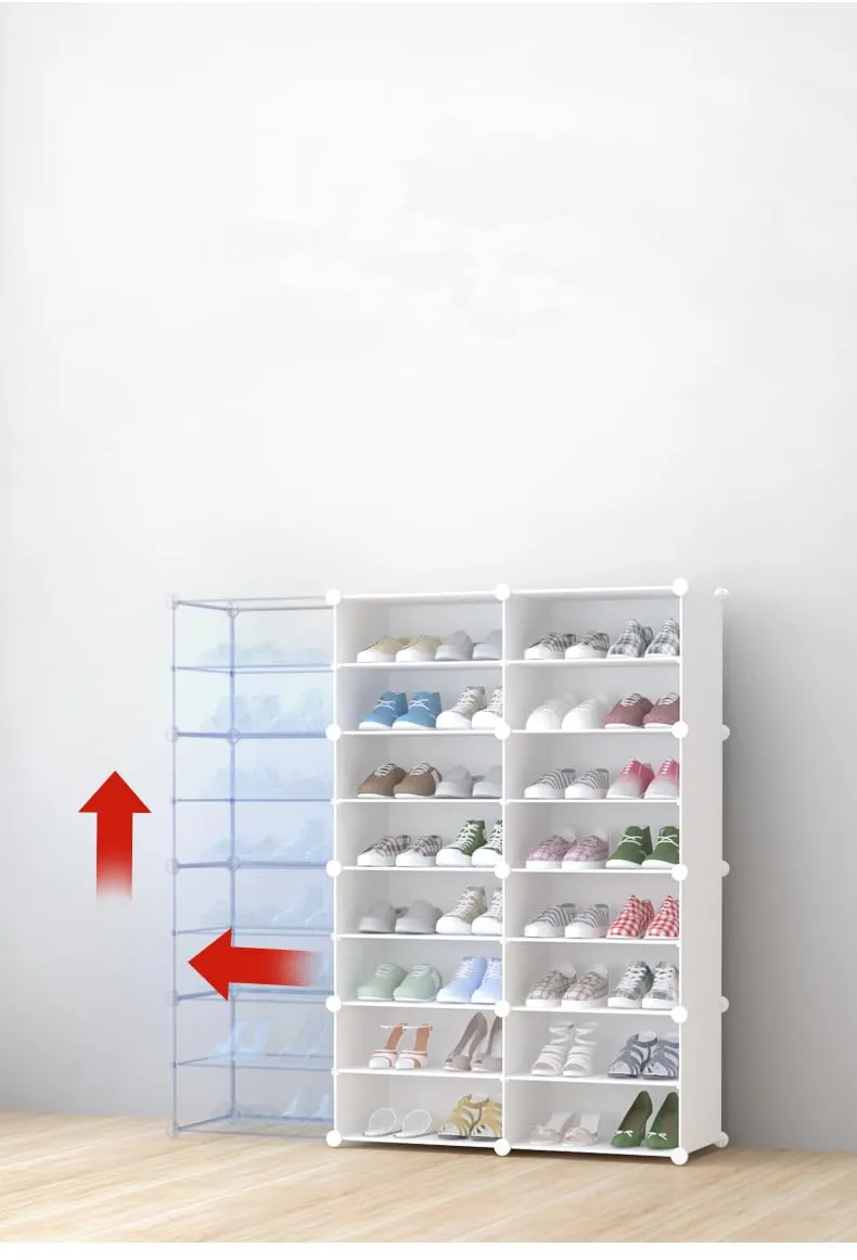 Kuber Industries Pack of 2 Shoes Cabinet |2 Column 8-Tier Foldable Shoe Rack Organizer for Closet | Plastic Shoe Shelf Collapsible Shoes Storage Box | Shoe Cabinet with Lids | JL2C8TWH | White