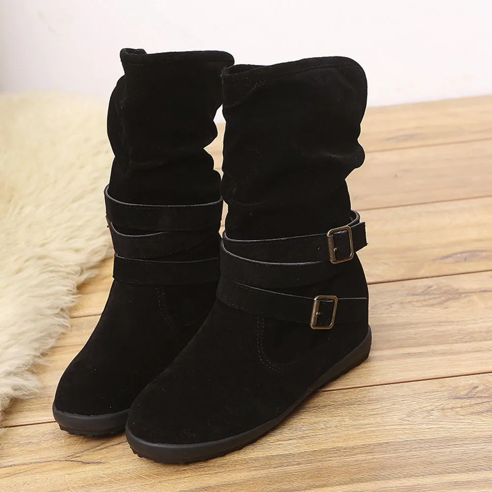 Ladies Womens Low Wedge Buckle Biker Ankle Trim Flat Ankle Boots Shoes