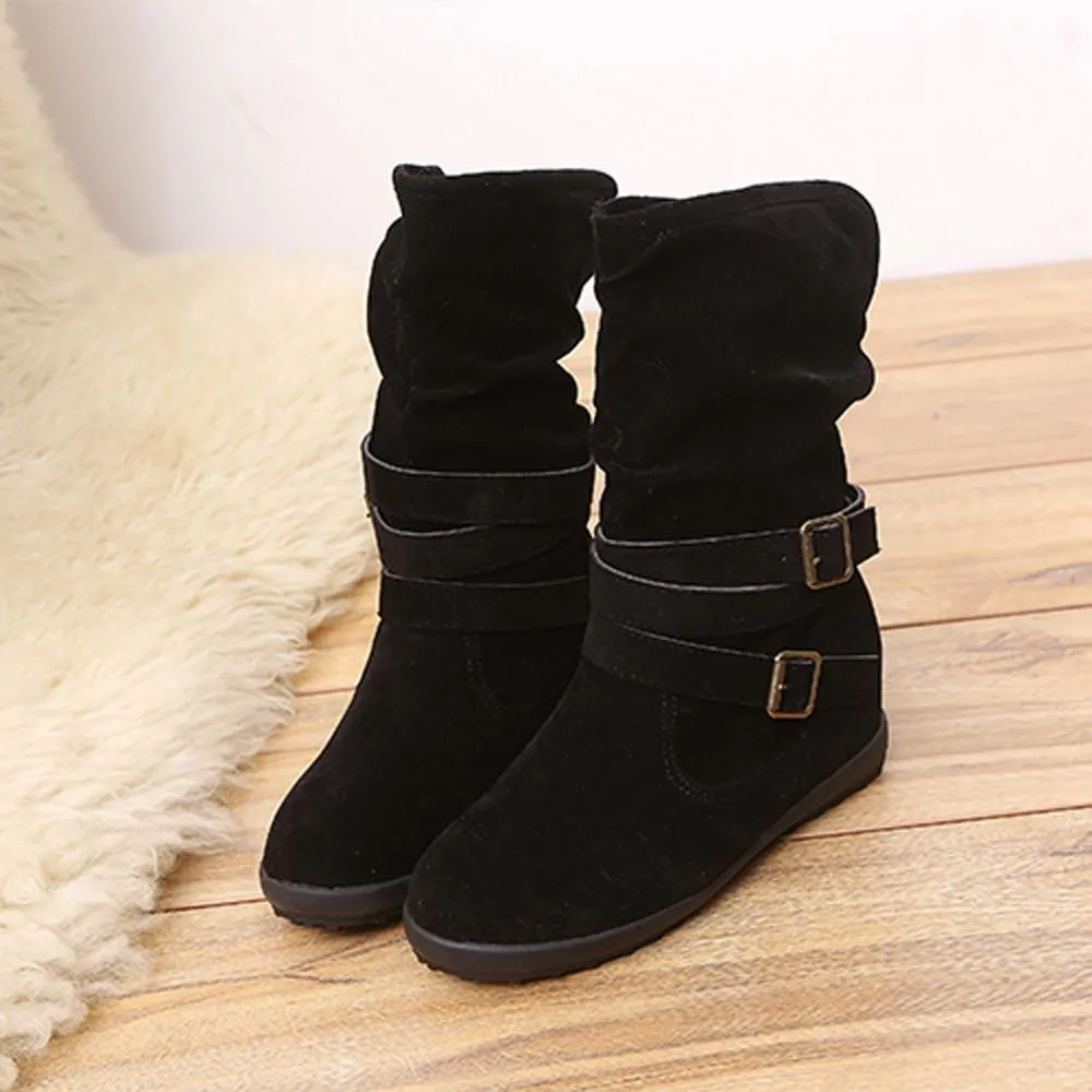 Ladies Womens Low Wedge Buckle Biker Ankle Trim Flat Ankle Boots Shoes