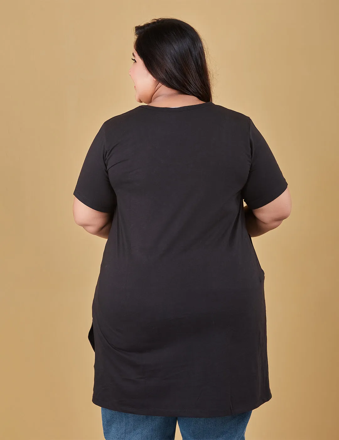 Long Line T-Shirt For Women -Half Sleeves- Black