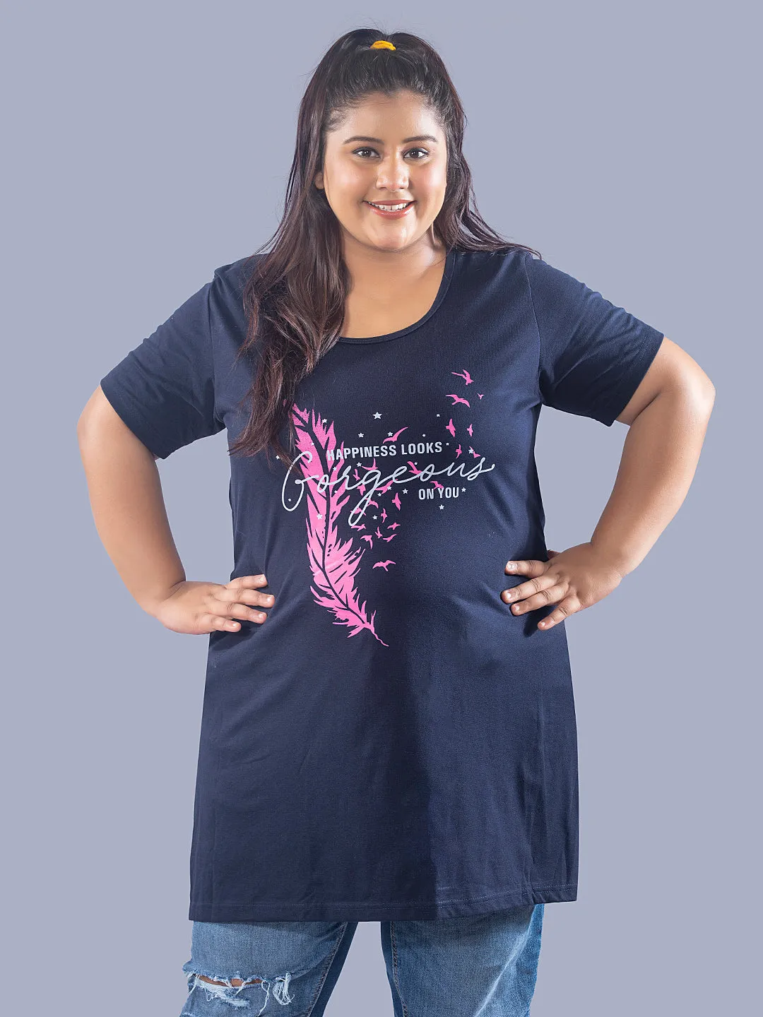 Long Line T-Shirt For Women -Half Sleeves- Navy Blue