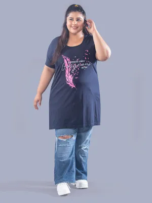 Long Line T-Shirt For Women -Half Sleeves- Navy Blue