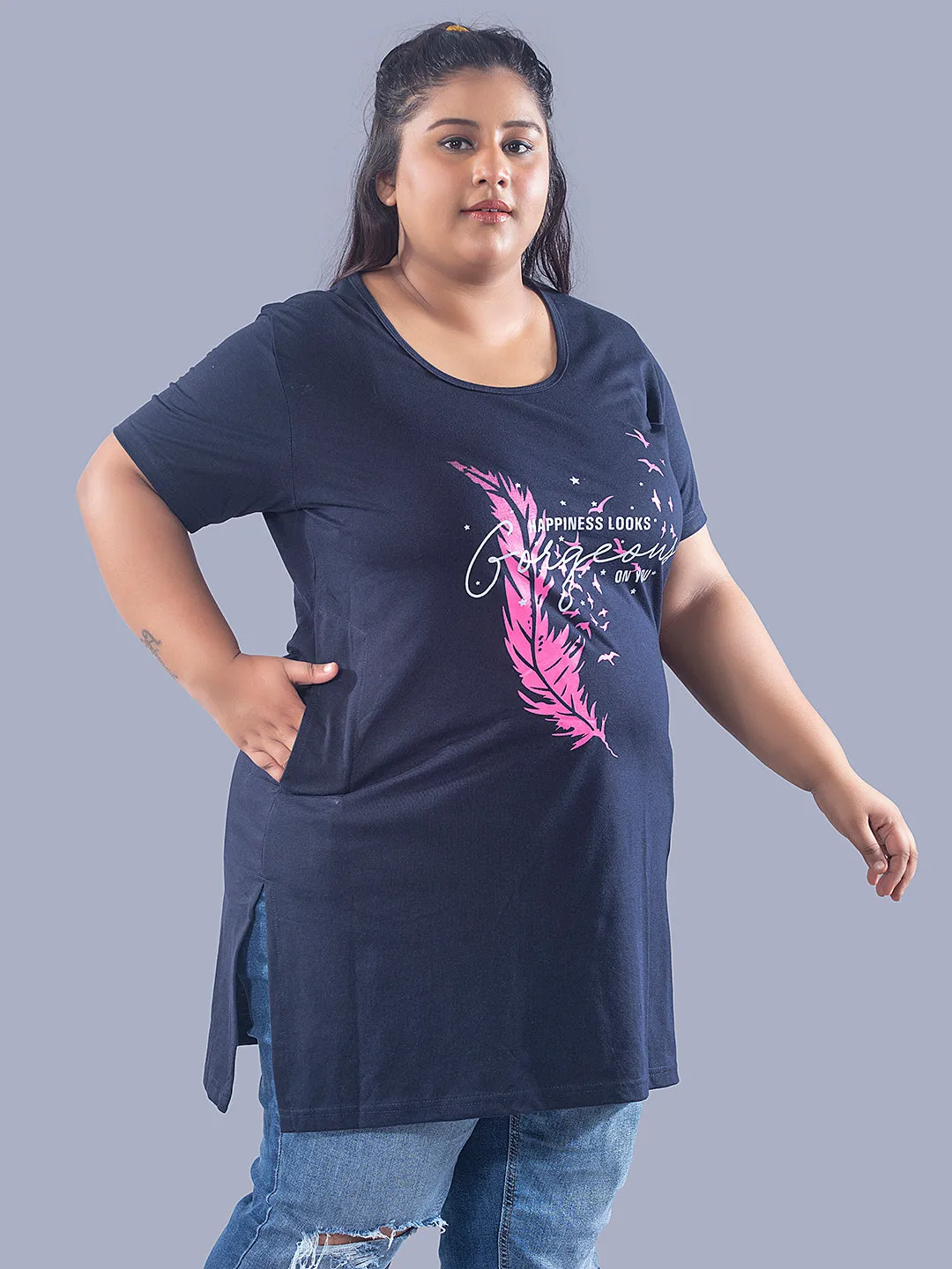 Long Line T-Shirt For Women -Half Sleeves- Navy Blue