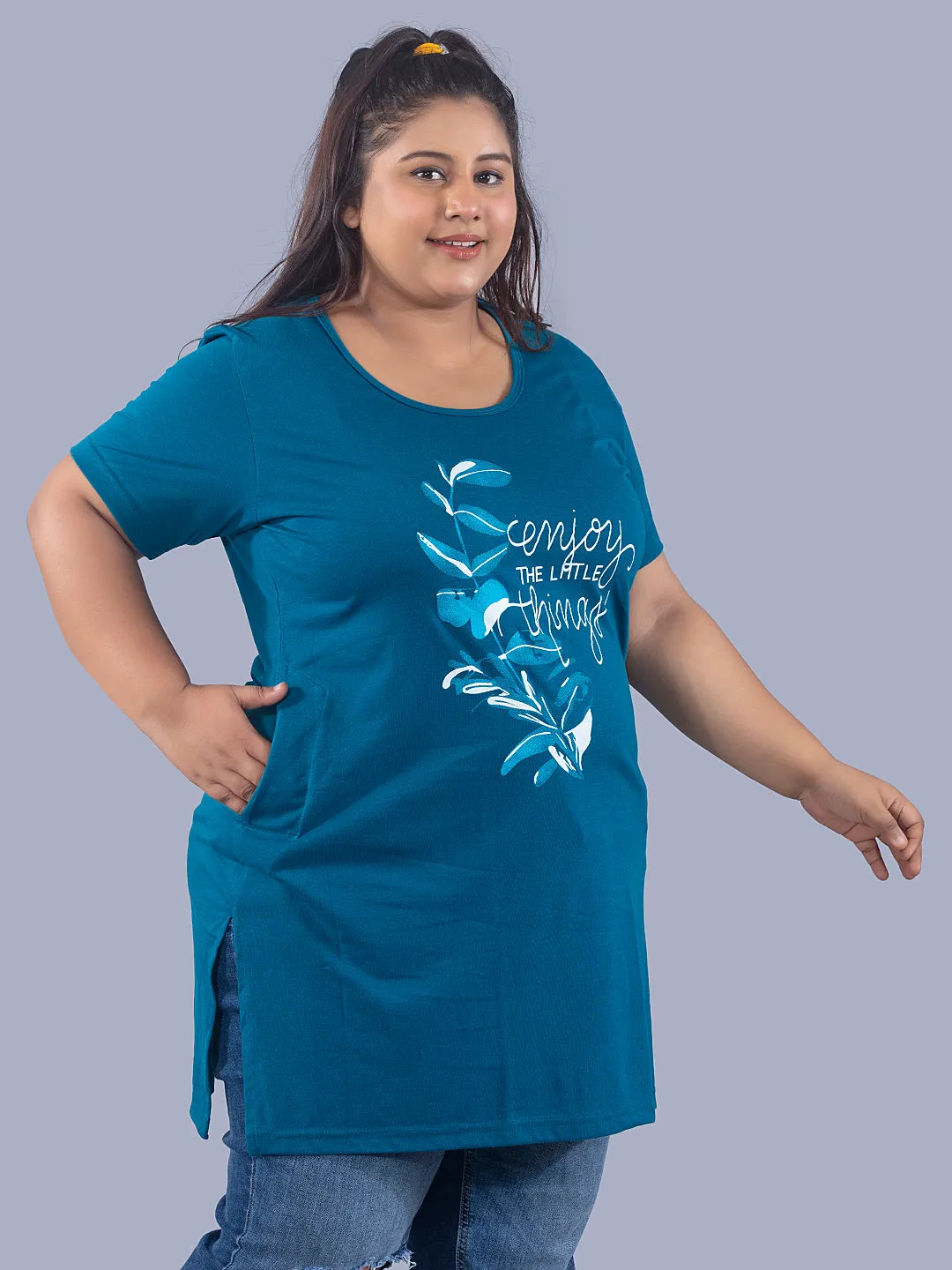 Long Line T-Shirt For Women -Half Sleeves- Teal Blue