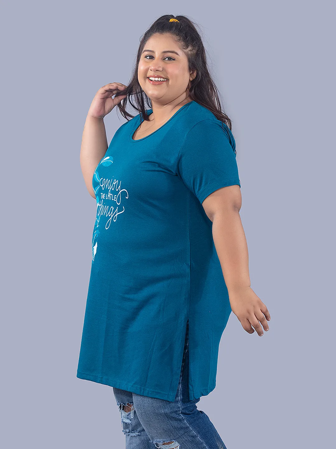 Long Line T-Shirt For Women -Half Sleeves- Teal Blue