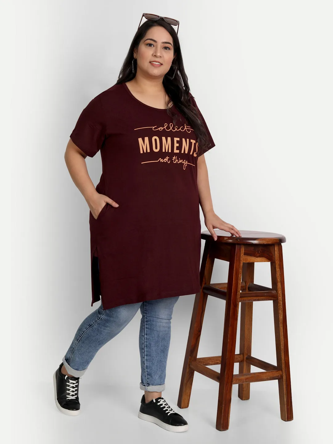 Long Line T-Shirt For Women -Half Sleeves- - Wine