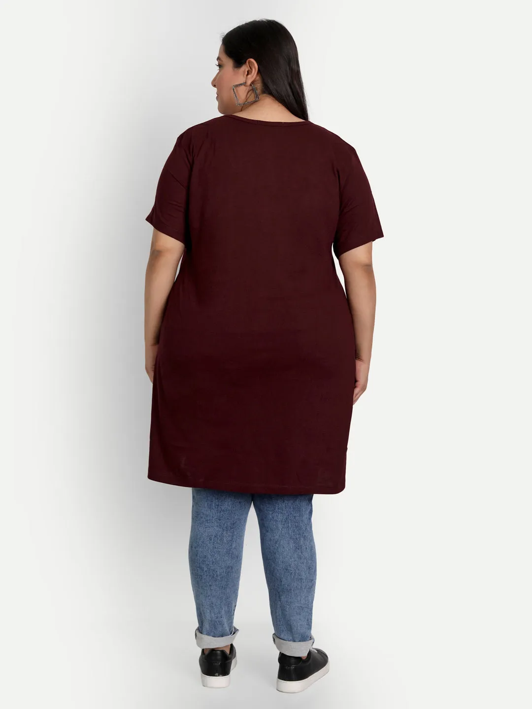 Long Line T-Shirt For Women -Half Sleeves- - Wine