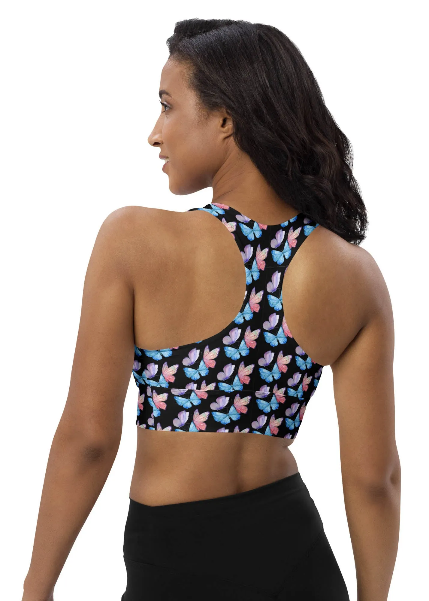 Longline sports bra - Butterflies - Black