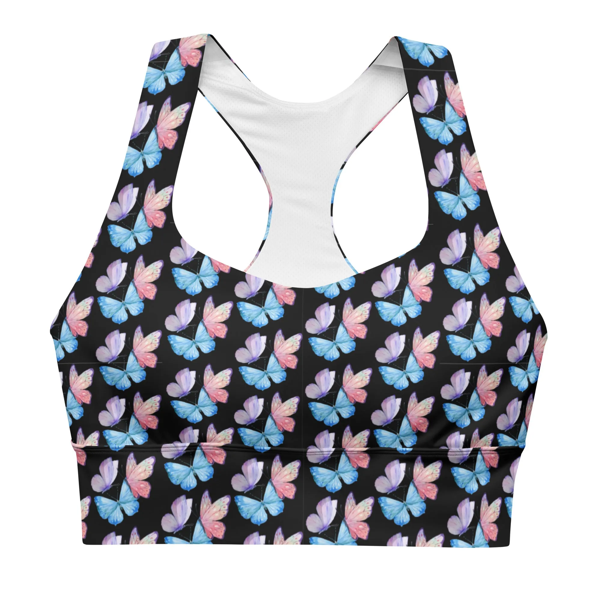 Longline sports bra - Butterflies - Black