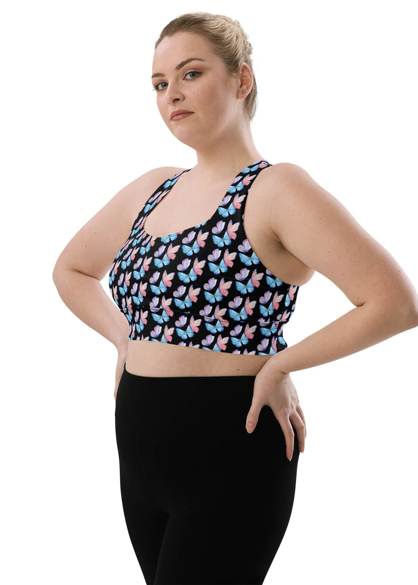 Longline sports bra - Butterflies - Black