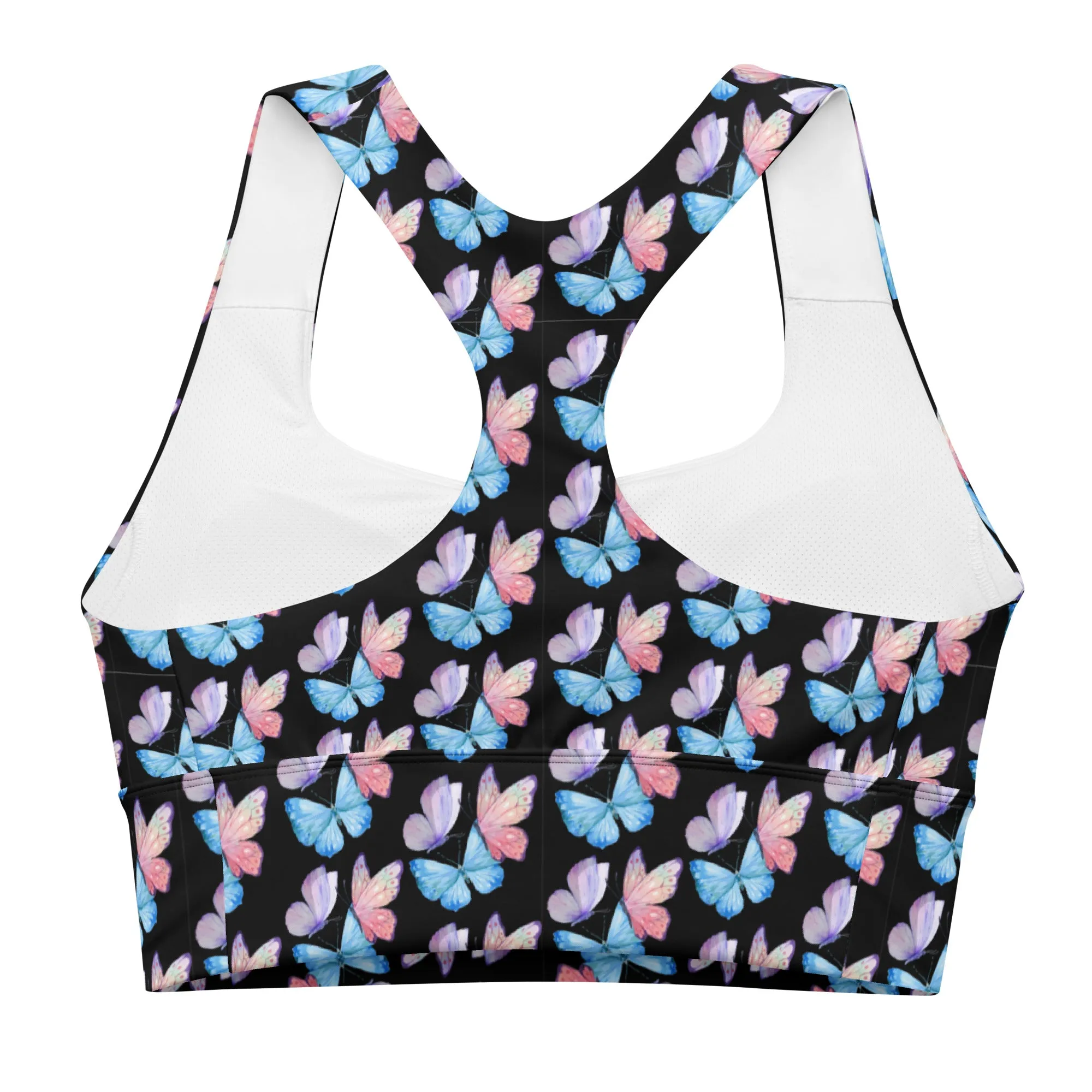 Longline sports bra - Butterflies - Black