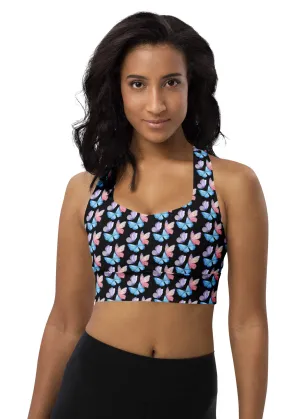 Longline sports bra - Butterflies - Black