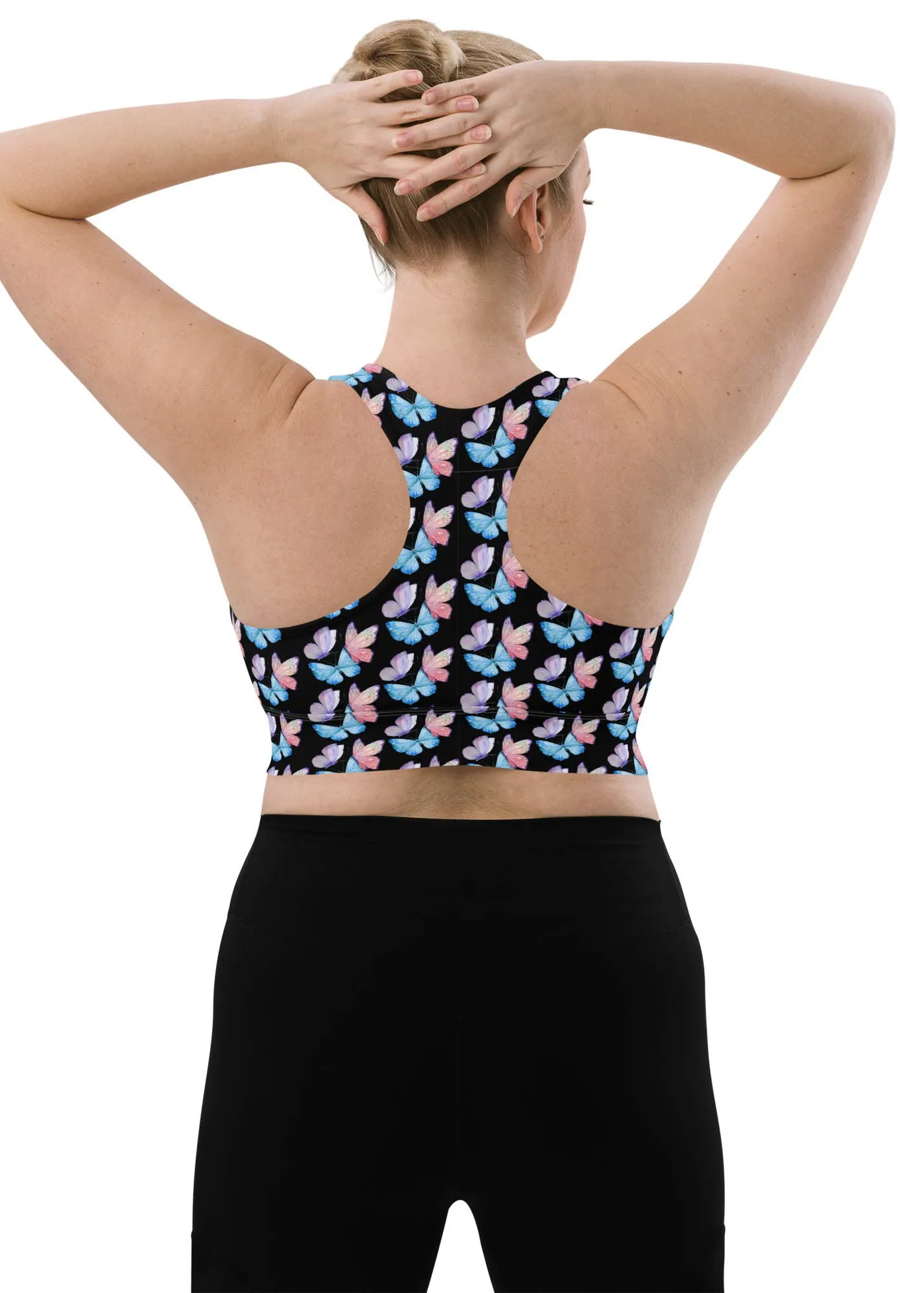 Longline sports bra - Butterflies - Black