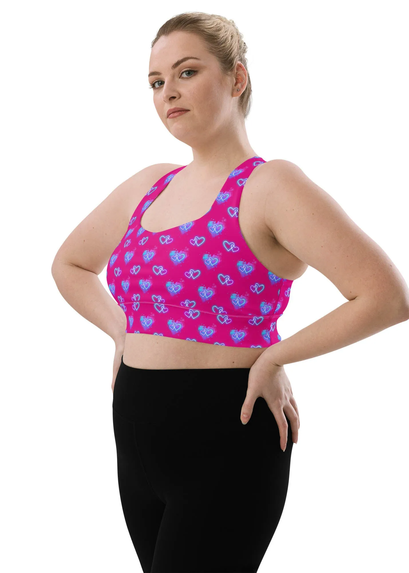 Longline sports bra- Electric Hearts - Red Violet