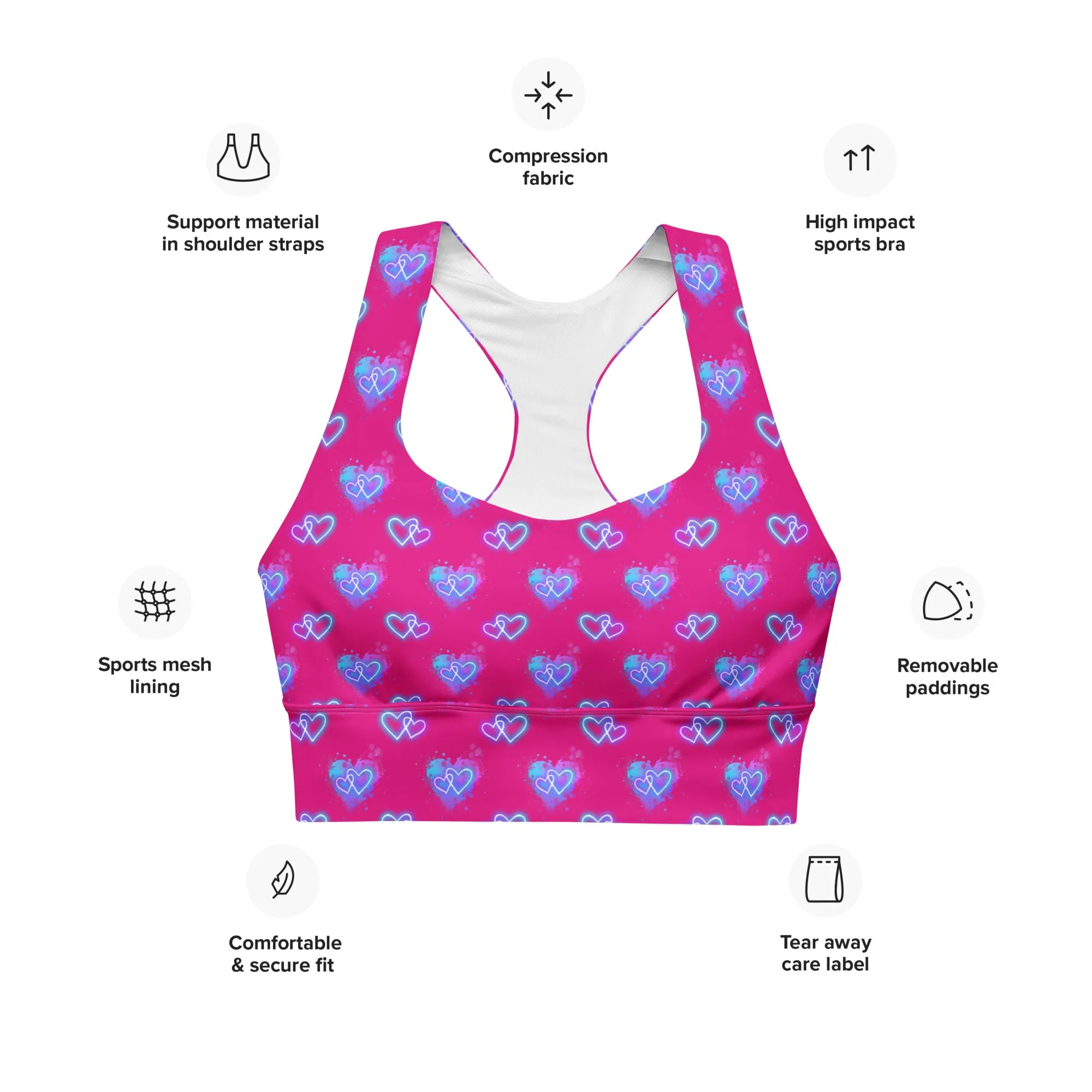 Longline sports bra- Electric Hearts - Red Violet