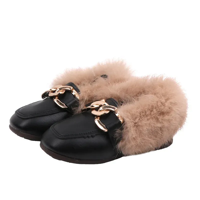 Luxury brand kid fur slippers boot retro antislip cotton shoe boy loafers winter plush kid shoe warm home shoe fashion girl shoe