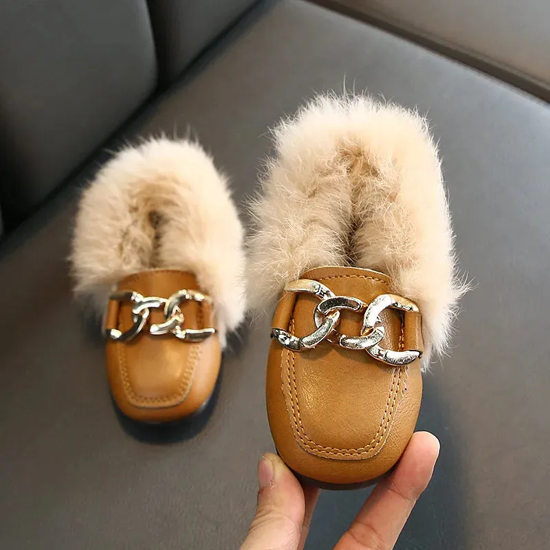 Luxury brand kid fur slippers boot retro antislip cotton shoe boy loafers winter plush kid shoe warm home shoe fashion girl shoe