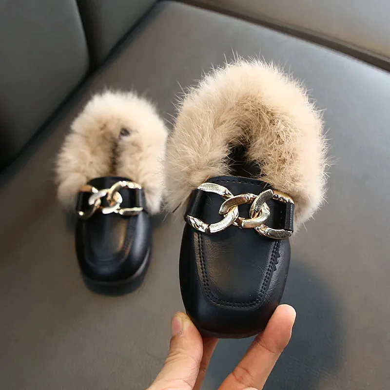 Luxury brand kid fur slippers boot retro antislip cotton shoe boy loafers winter plush kid shoe warm home shoe fashion girl shoe