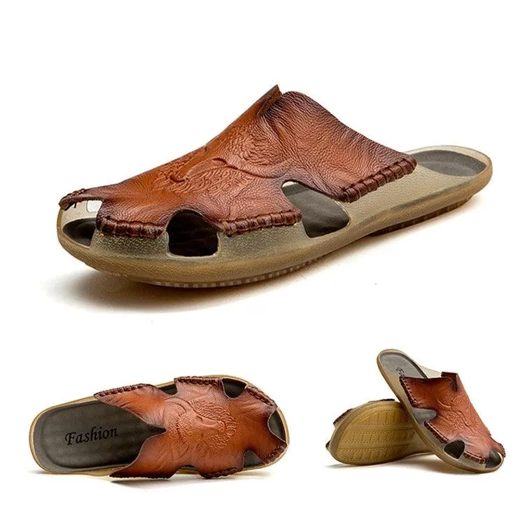 Men's Casual Leather Beach Slippers - Comfortable Large Size Flat Shoes for Summer