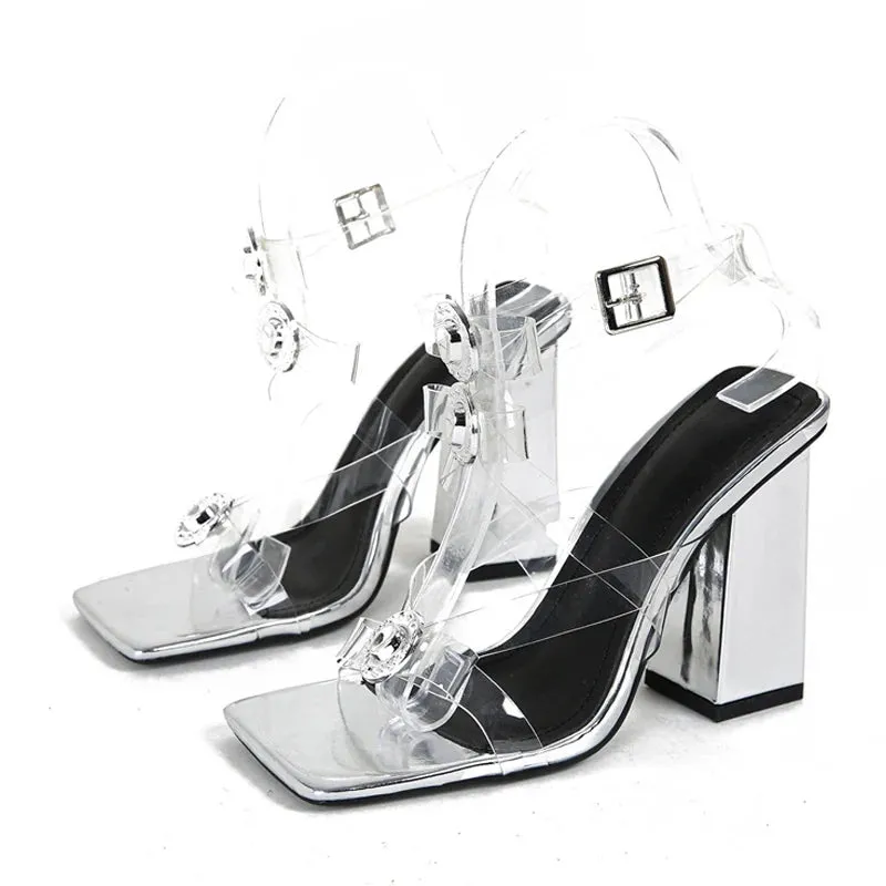 Metal Button Transparent high heel Sandals