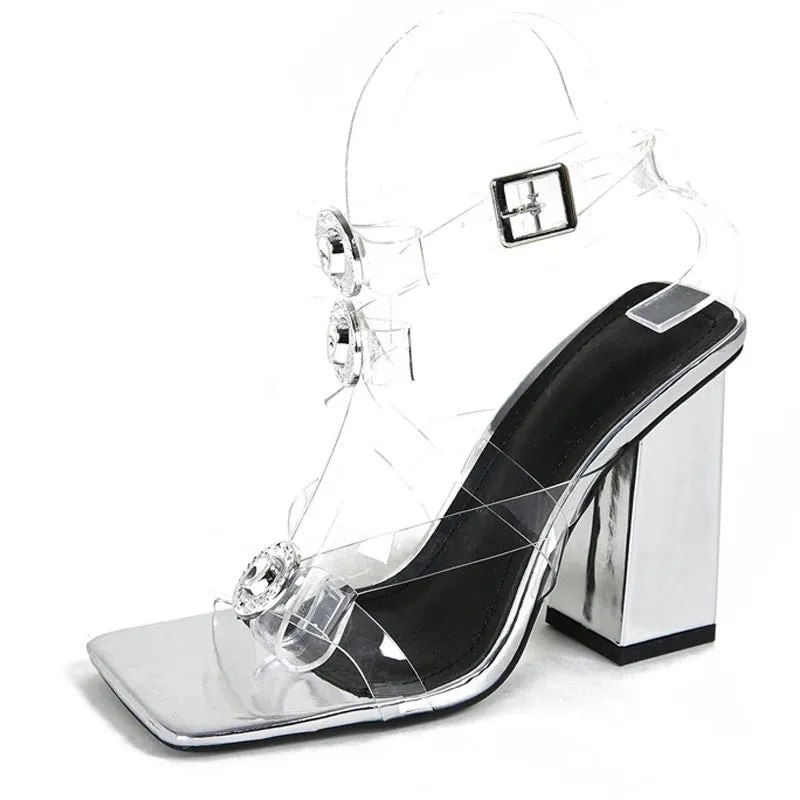 Metal Button Transparent high heel Sandals