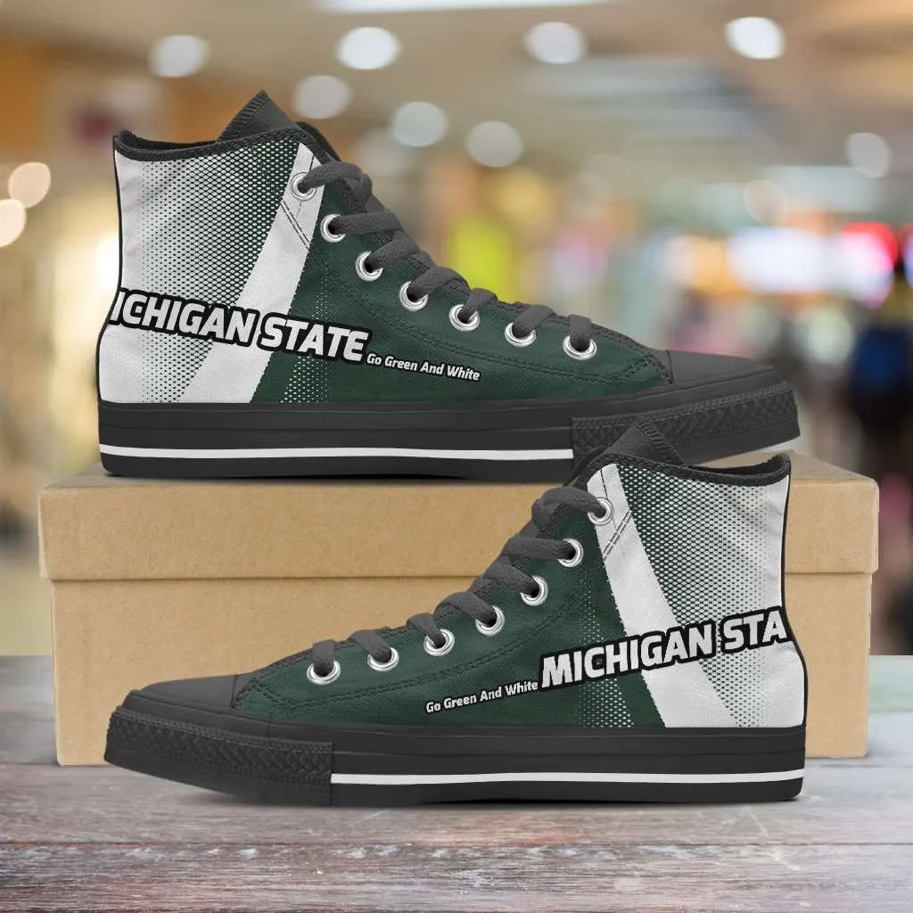 Michigan State Go Green and White Basketball Fan Canvas High Top Shoes