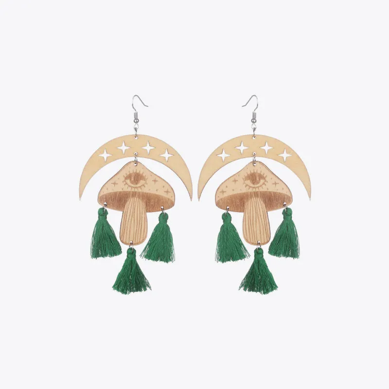 Moon & Mushroom Tassel Detail Dangle Earrings