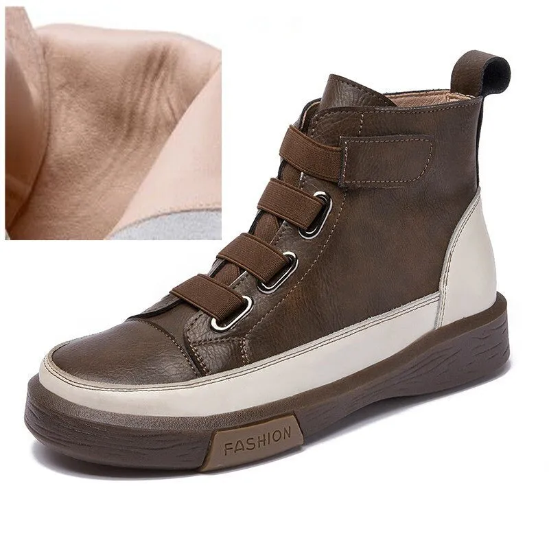 No-tie Shoelaces Split Leather High Top Sneakers for Women