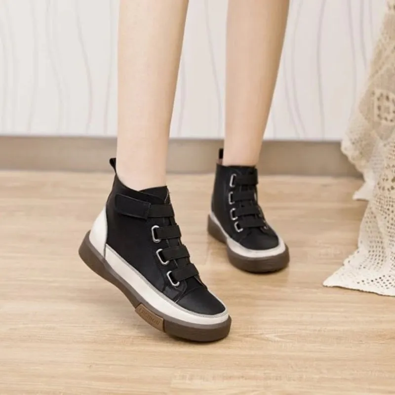 No-tie Shoelaces Split Leather High Top Sneakers for Women