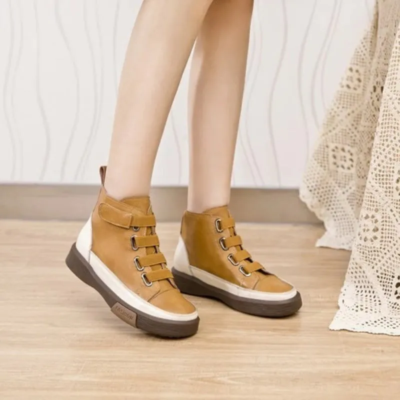 No-tie Shoelaces Split Leather High Top Sneakers for Women