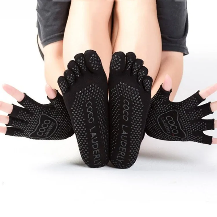 Non-slip Open Finger Yoga Sports Gloves Five Finger Yoga Socks Set, Size: One Size(Black)