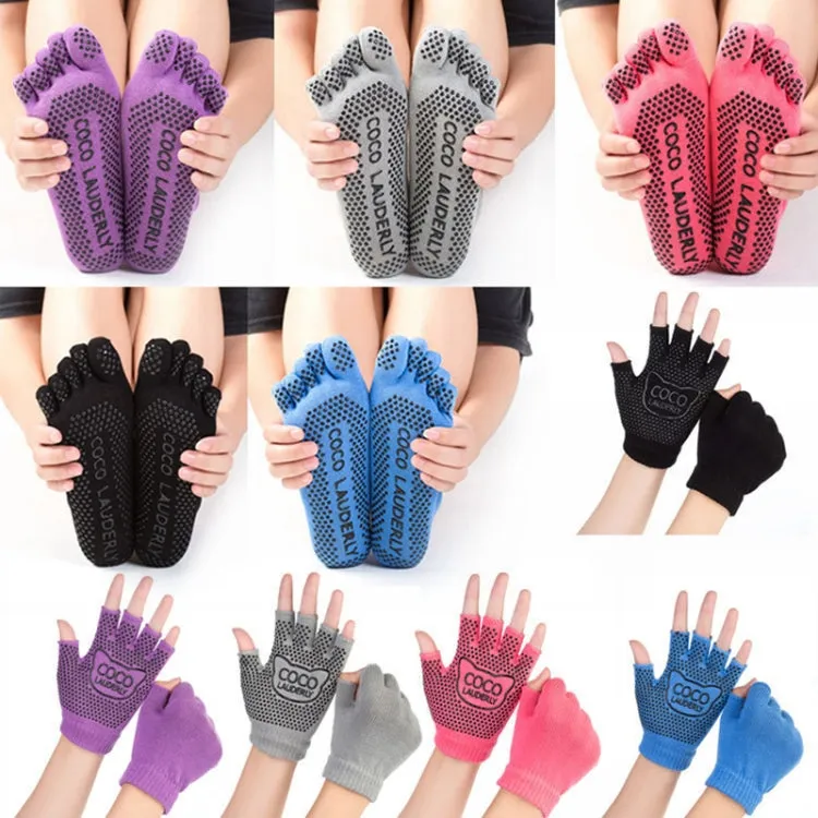 Non-slip Open Finger Yoga Sports Gloves Five Finger Yoga Socks Set, Size: One Size(Black)